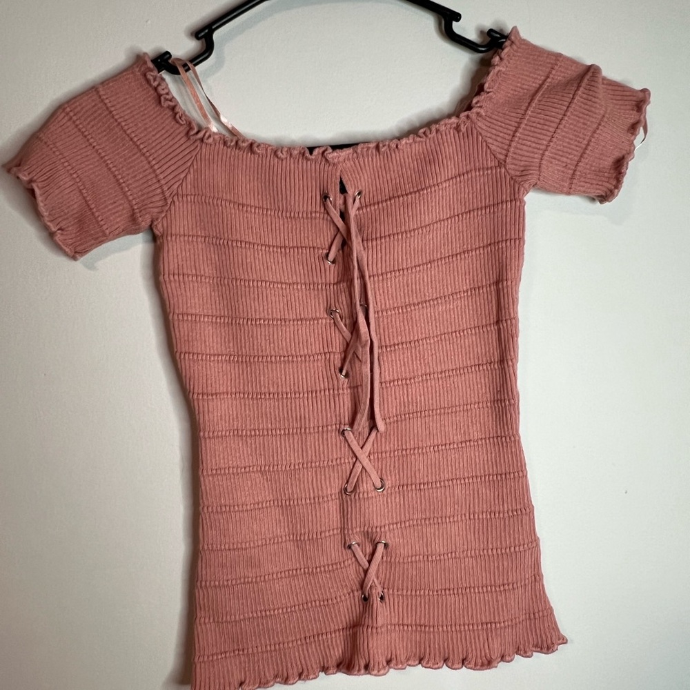 Ambiance Pink Ribbed Tie Front Blouse